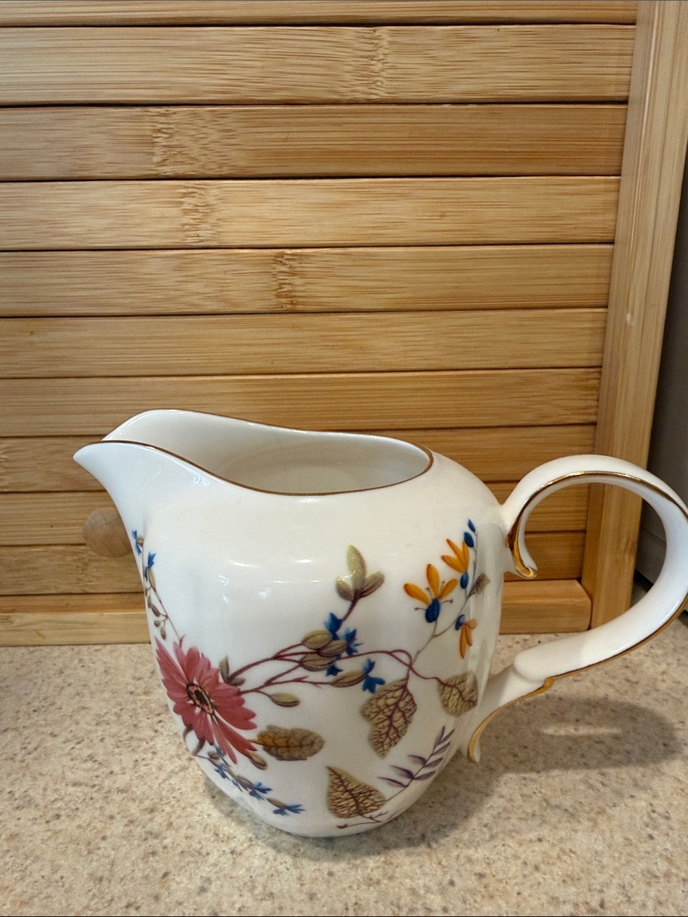 Porcelain Floral Creamer Pitcher in White with Pink, Blue & Gold Accents